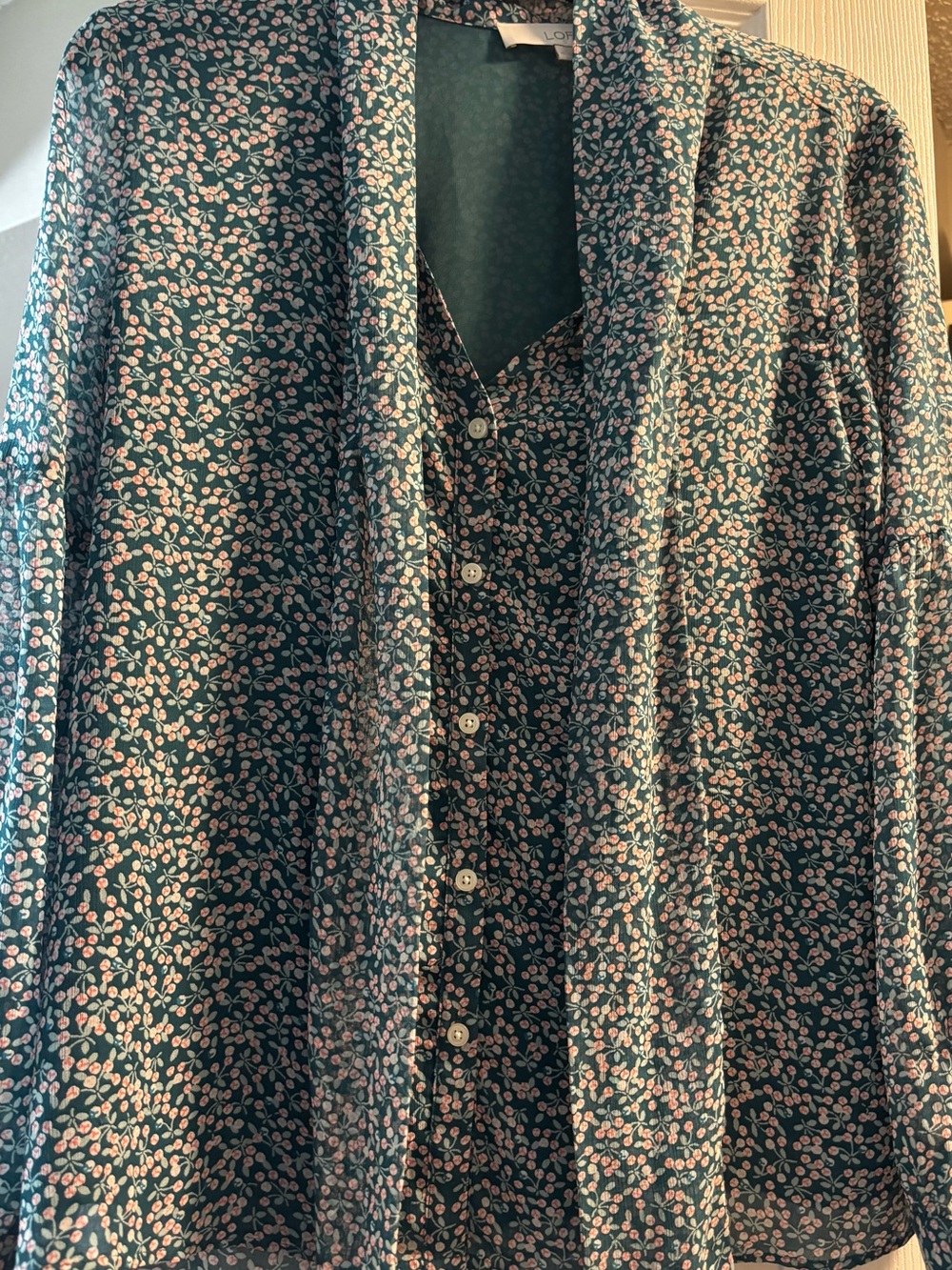 LOFT Teal Floral Button-Front Blouse with Pink Accents - Picture 2 of 5